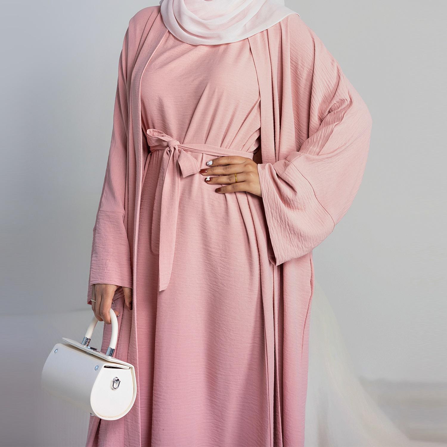 #LY45[Ramadan promotion] Latest model Two pieces crepe abaya come with belt muslim long dress, inner slip and open abaya