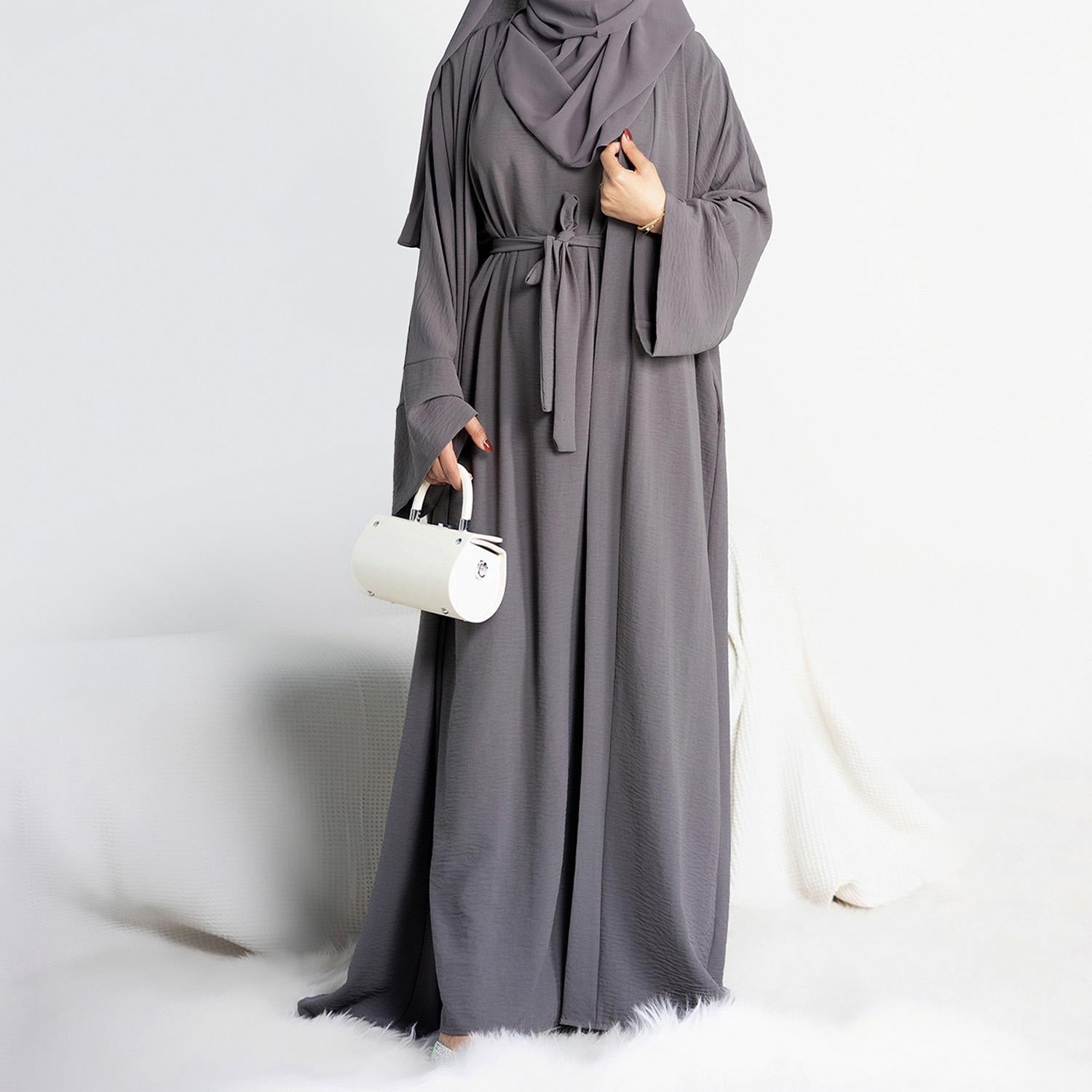 #LY45[Ramadan promotion] Latest model Two pieces crepe abaya come with belt muslim long dress, inner slip and open abaya