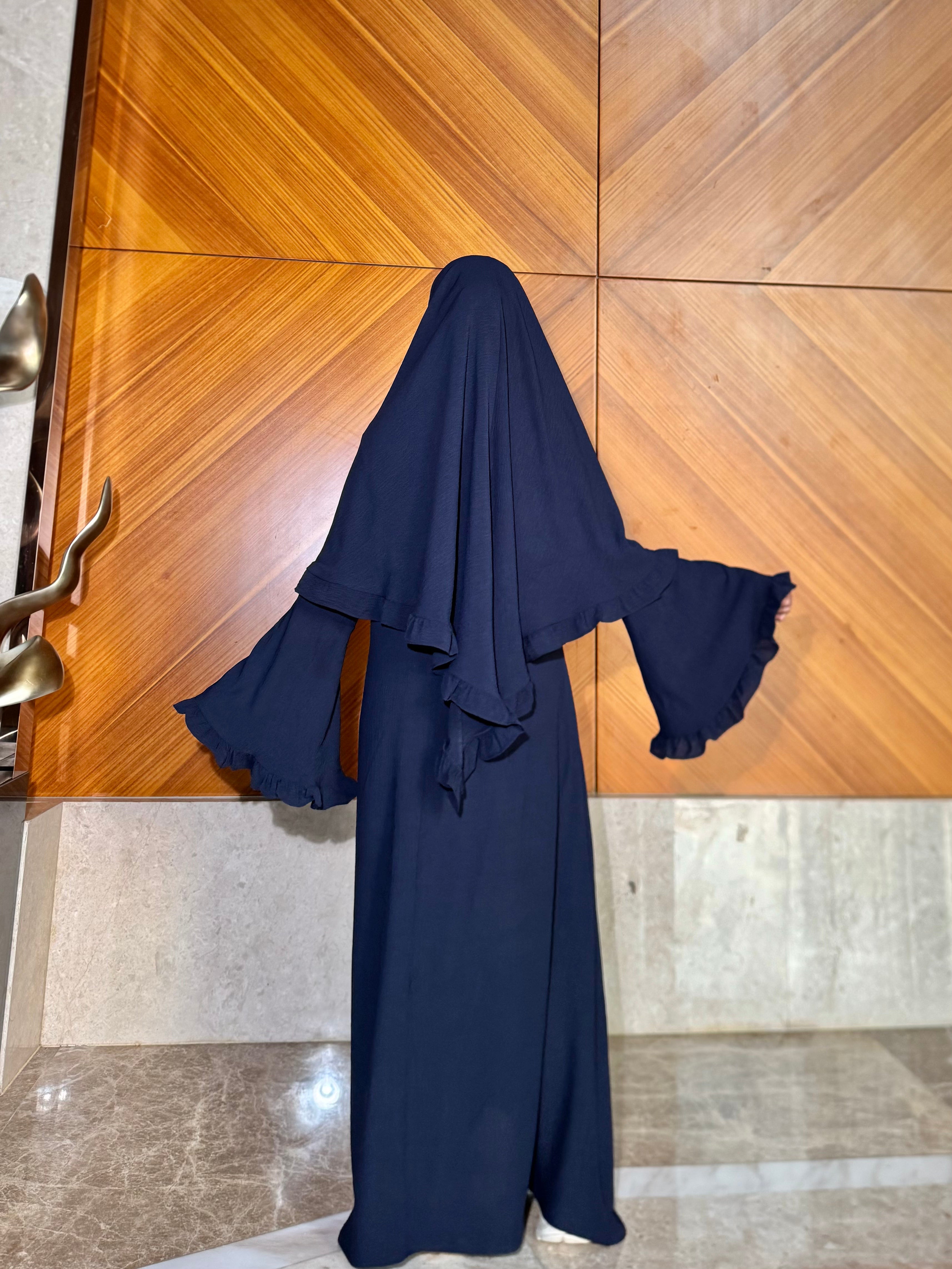 LY23 TWO-PIECE khimar abaya set , crepe abaya and scarf , flare sleeve abaya and hijab ,Long women dress