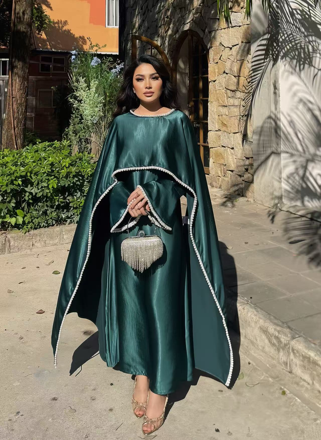 LY28 Two-piece Pearlescent satin Cape dress set , Summer Maxi Womenswear High-end pearl-trimmed long dress