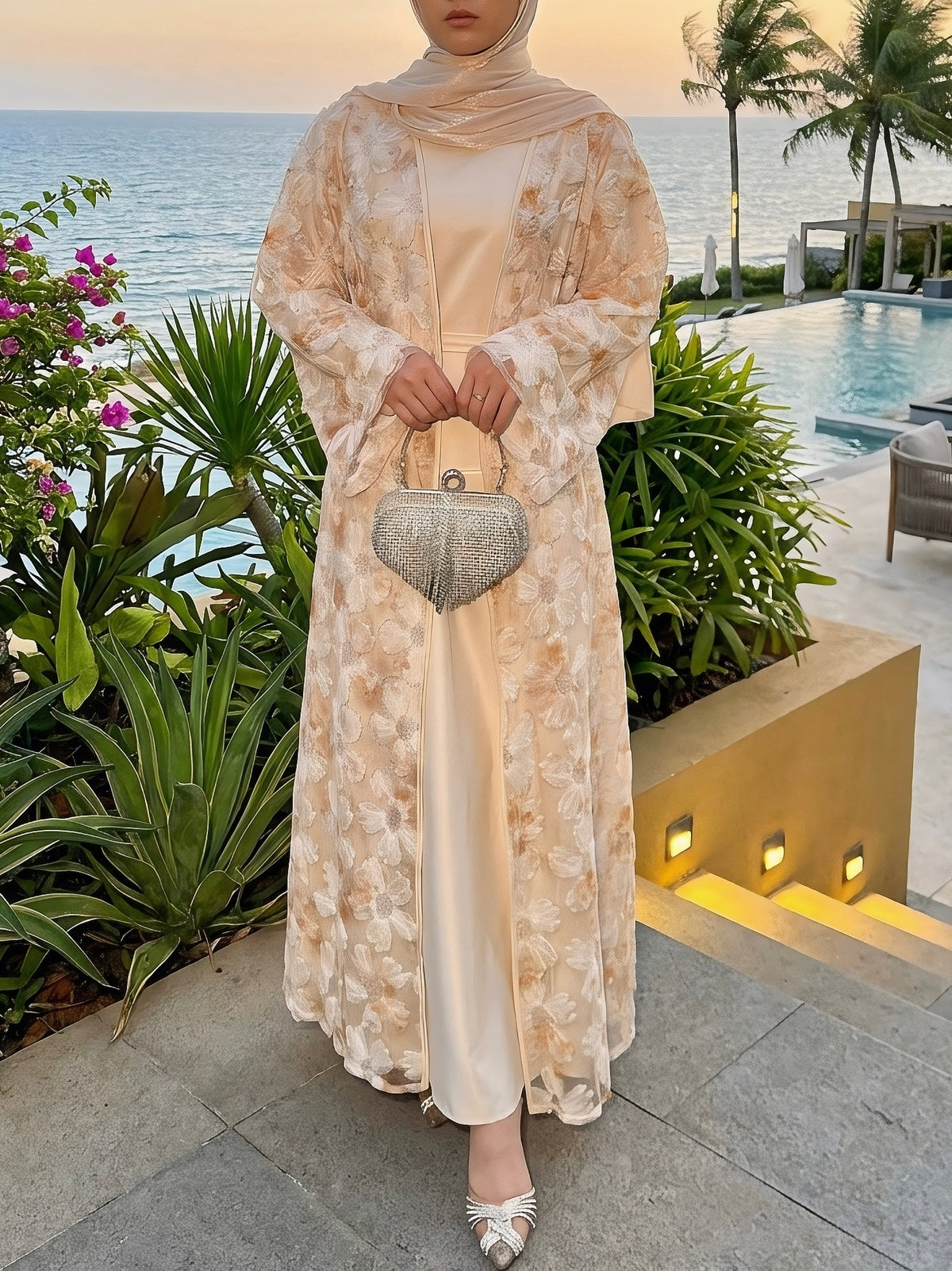 LY26 3D Embroidered Tulle Floral Abaya Set Kimono & Slip Dress Set Premium 3D Floral & Sequin Abaya Two-Piece Set