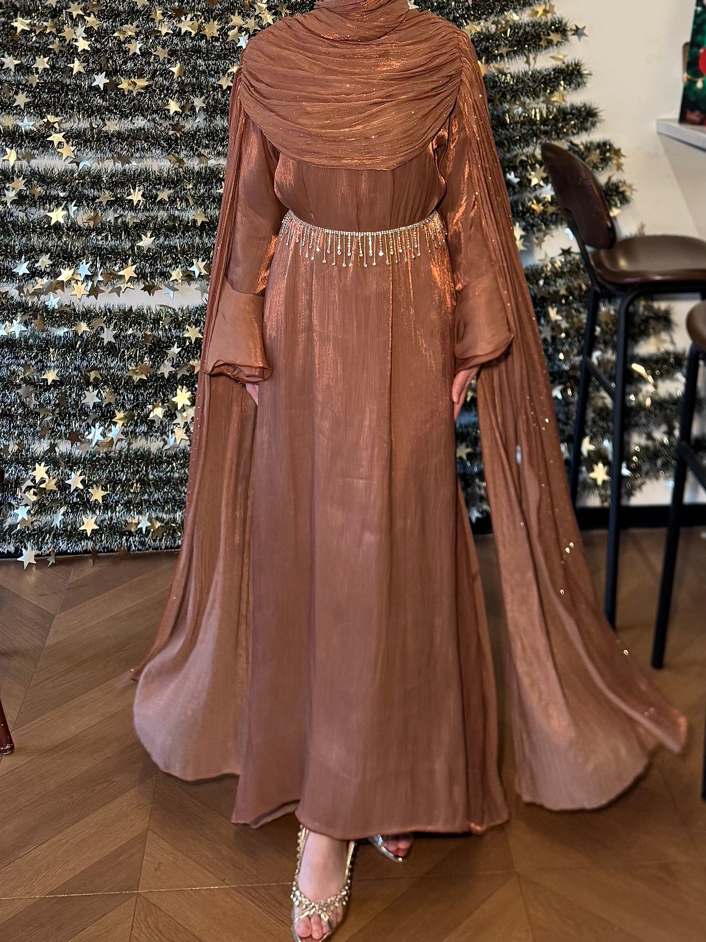 #LY30Elegant Pleated Cape Long Robe, Fashion Reflective Fabric Evening Gown, Suitable for Various Parties and Celebrations, Muslim Women's Dress