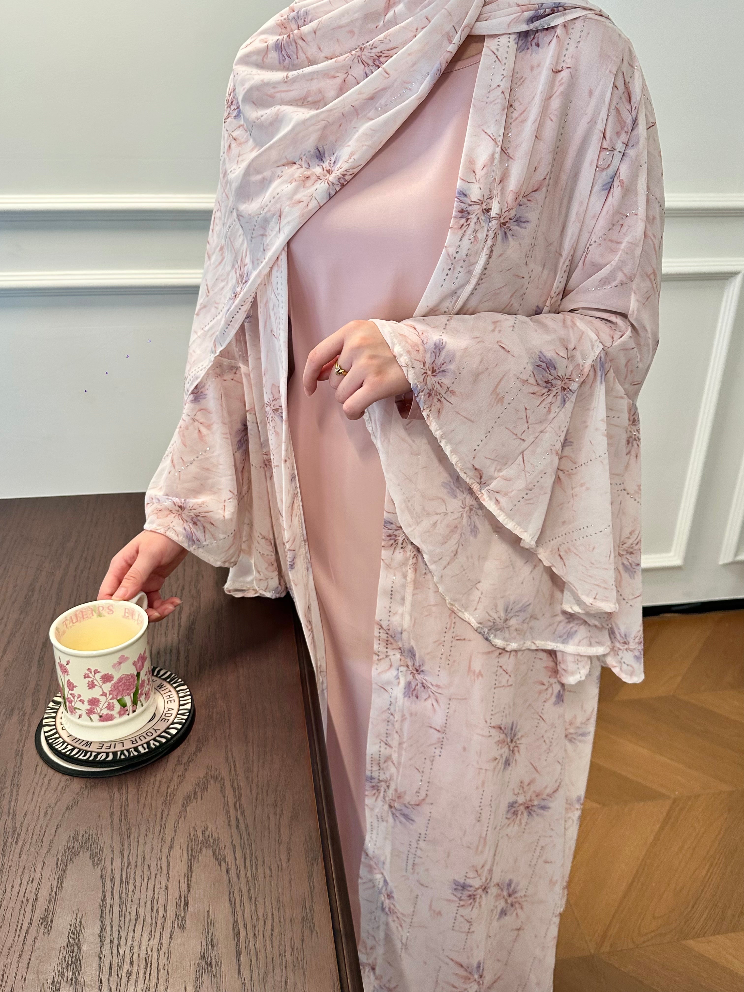 #LY20 Printed Chiffon Abaya Set, 3-Piece Chiffon Abaya with Headscarf, Feminine Flared-Sleeve Abaya Cardigan, Resort & Party Dress Set and Arabian Robe Set