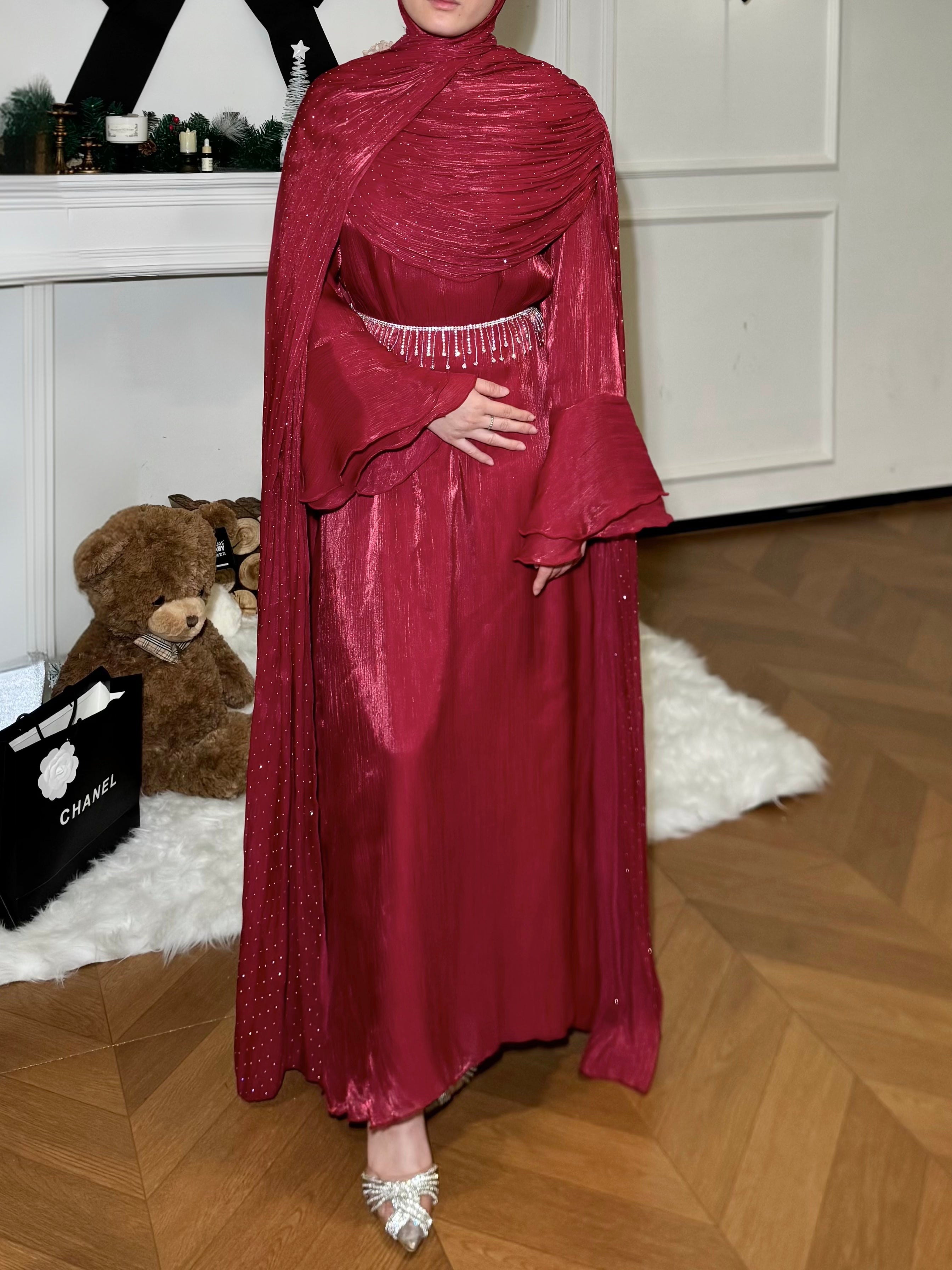 #LY30Elegant Pleated Cape Long Robe, Fashion Reflective Fabric Evening Gown, Suitable for Various Parties and Celebrations, Muslim Women's Dress