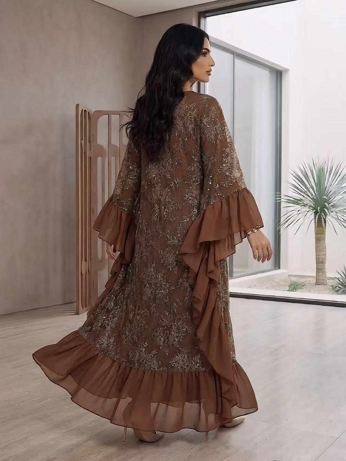 LY38 Two‑Piece Batwing Sleeve Sequin Lace Abaya Dress With Matching Chiffon Hijab, Elegant Modest Maxi Gown For Wedding Party Ramadan