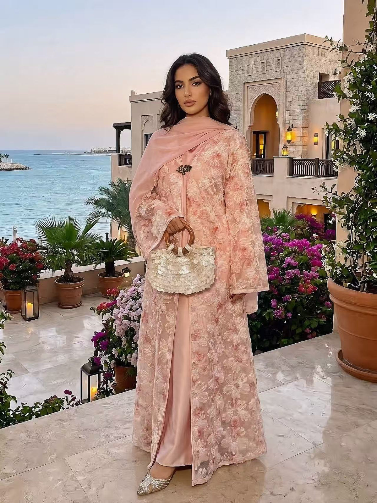 LY26 3D Embroidered Tulle Floral Abaya Set Kimono & Slip Dress Set Premium 3D Floral & Sequin Abaya Two-Piece Set