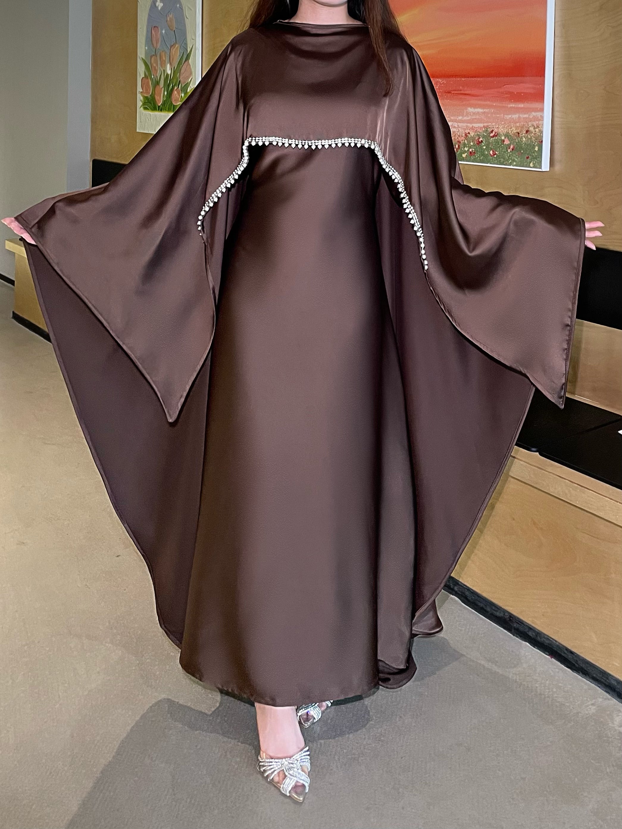 #LY03 Satin cape elegant dress , occasion abaya , Modest dress with pearl and crystal