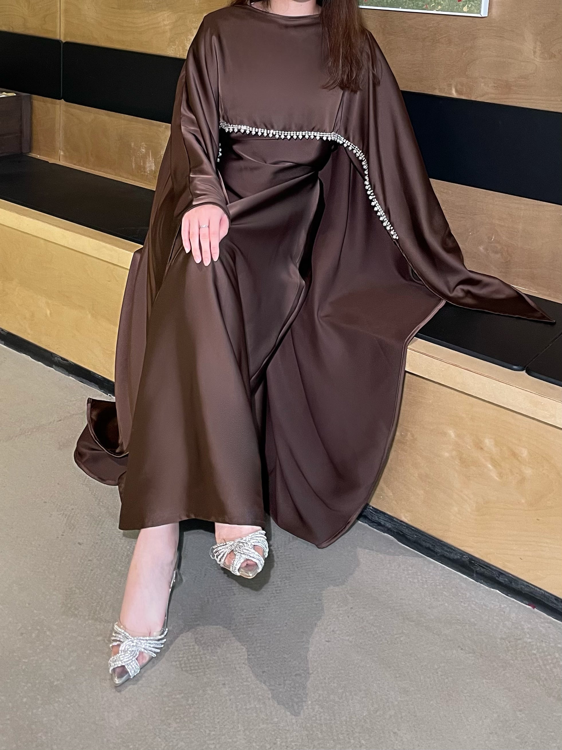 #LY03 Satin cape elegant dress , occasion abaya , Modest dress with pearl and crystal