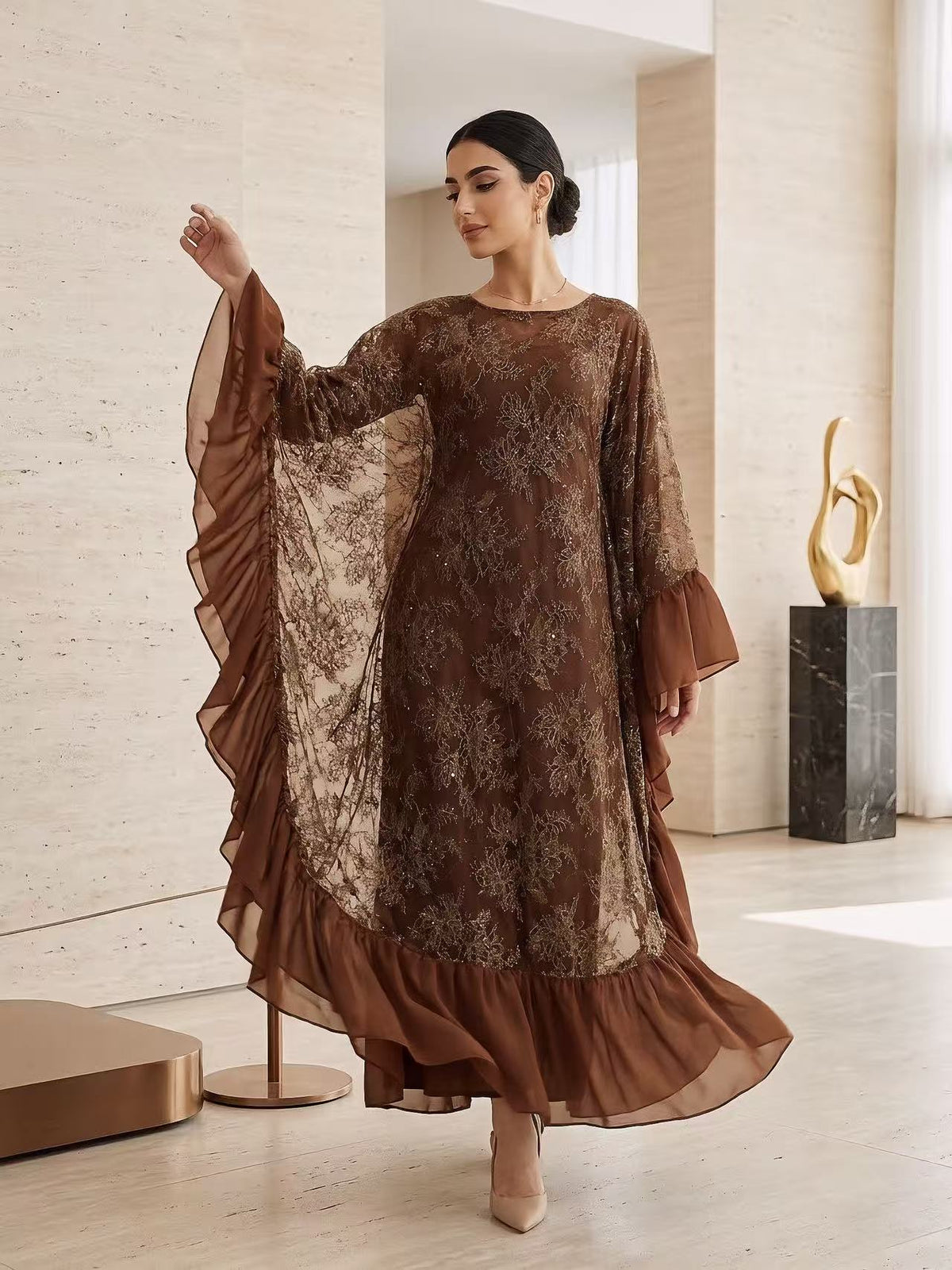 LY38 Two‑Piece Batwing Sleeve Sequin Lace Abaya Dress With Matching Chiffon Hijab, Elegant Modest Maxi Gown For Wedding Party Ramadan
