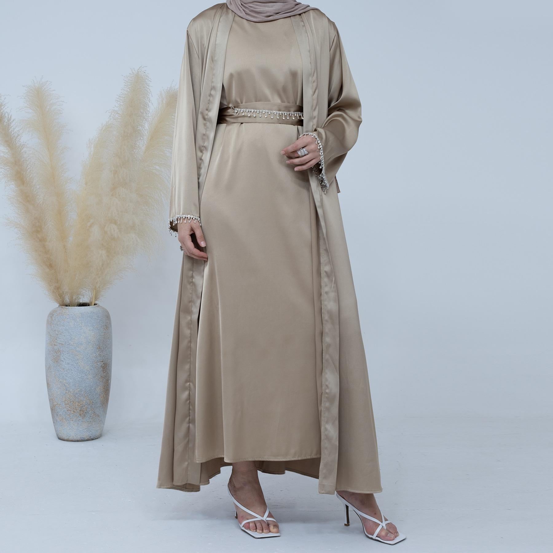 #LY28 Satin Abaya Outfit with Diamond Belt , Silky abaya ,Elegant Abaya Maxi dress Muslim long dress