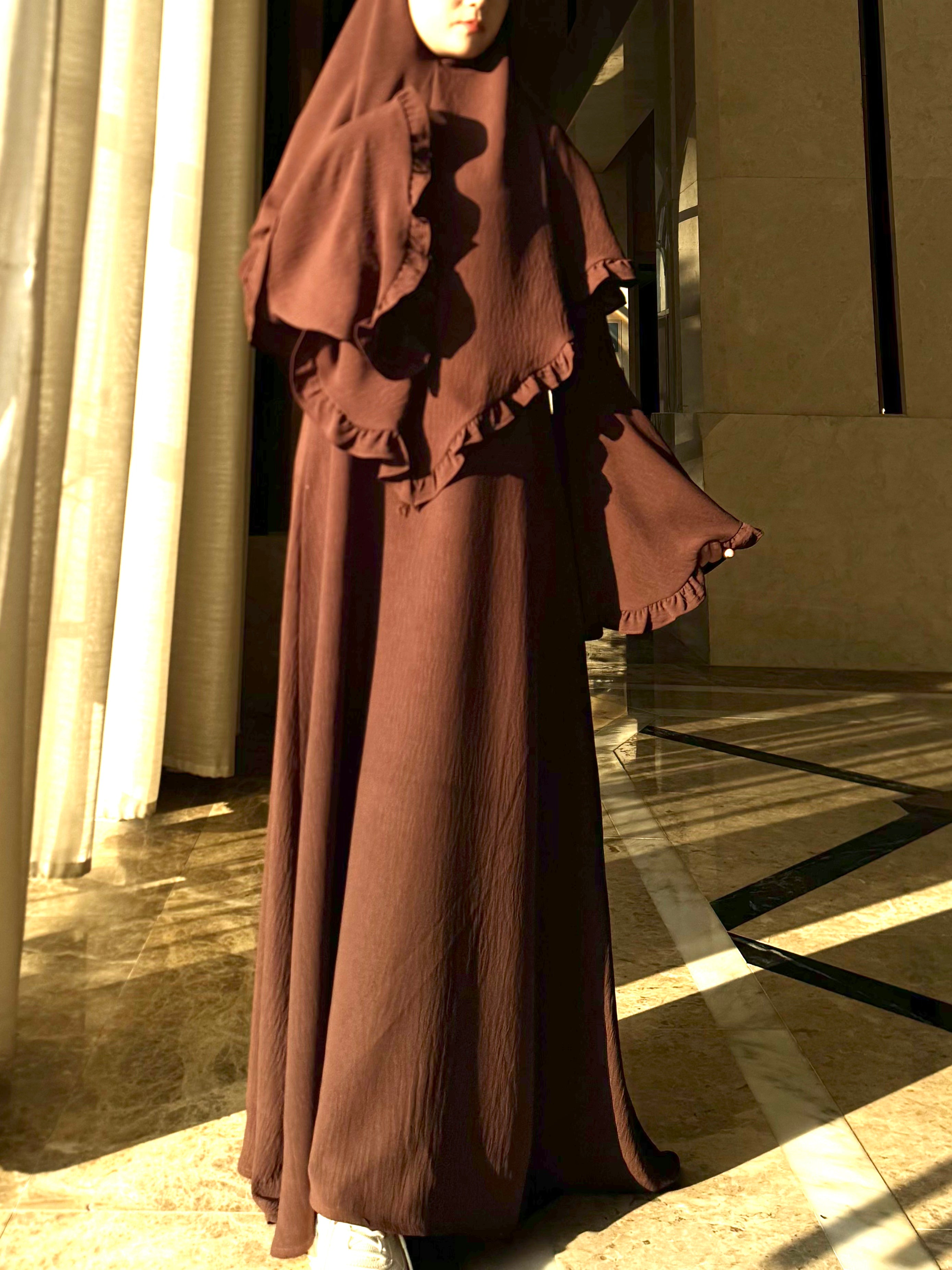 LY23 TWO-PIECE khimar abaya set , crepe abaya and scarf , flare sleeve abaya and hijab ,Long women dress