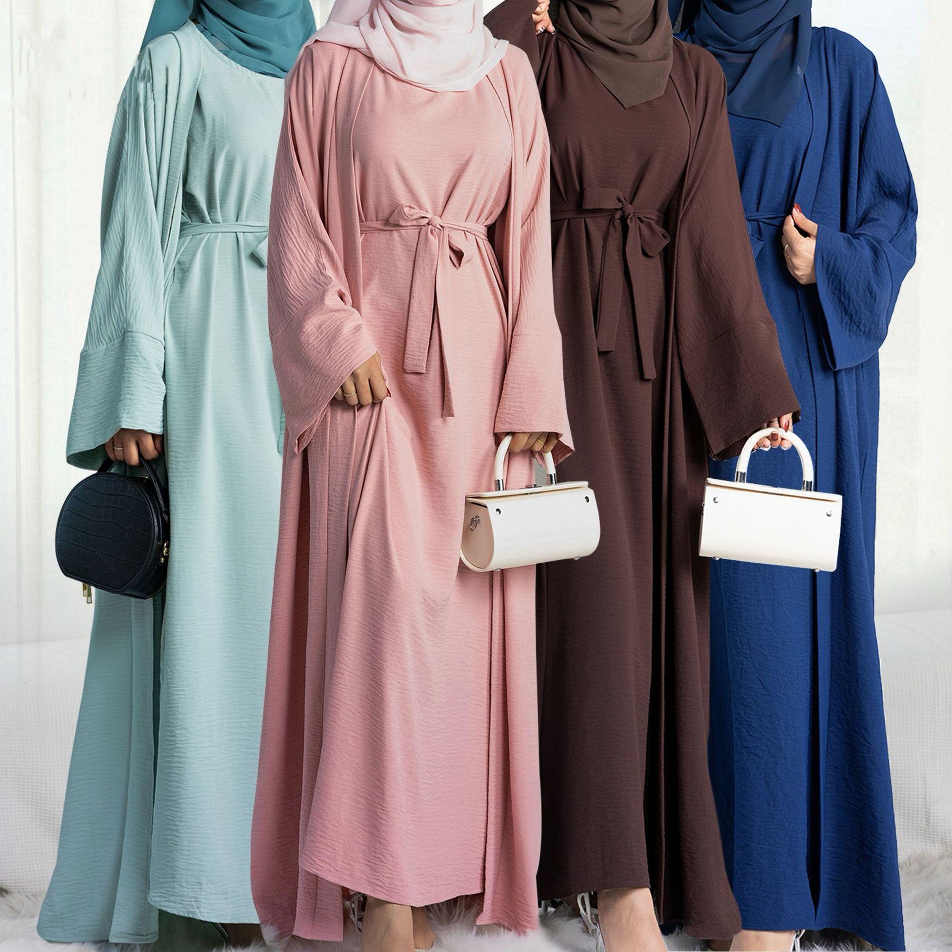 #LY45[Ramadan promotion] Latest model Two pieces crepe abaya come with belt muslim long dress, inner slip and open abaya