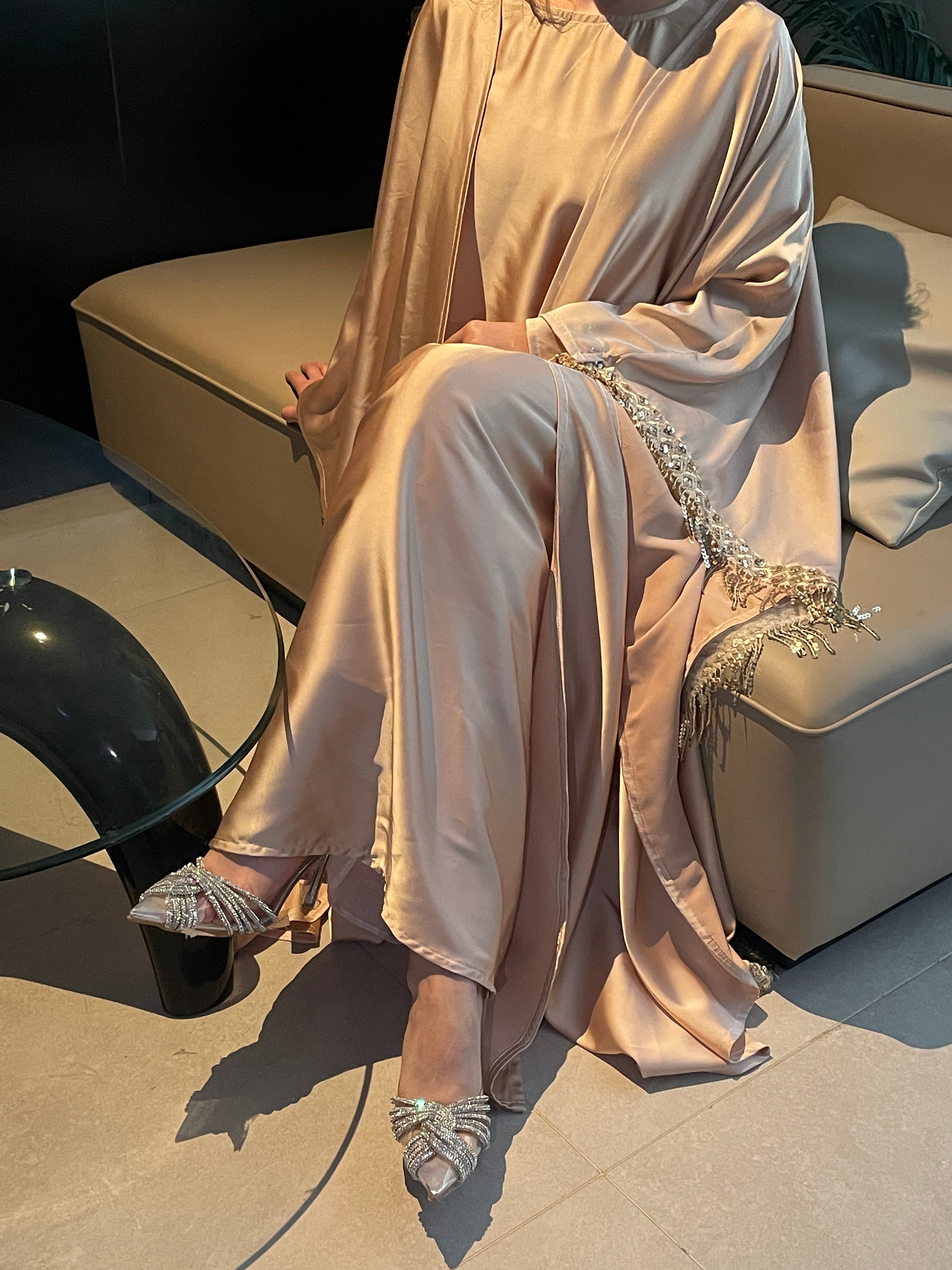 #LY04 Butterfly satin tassel abaya set, two pieces with inner dress