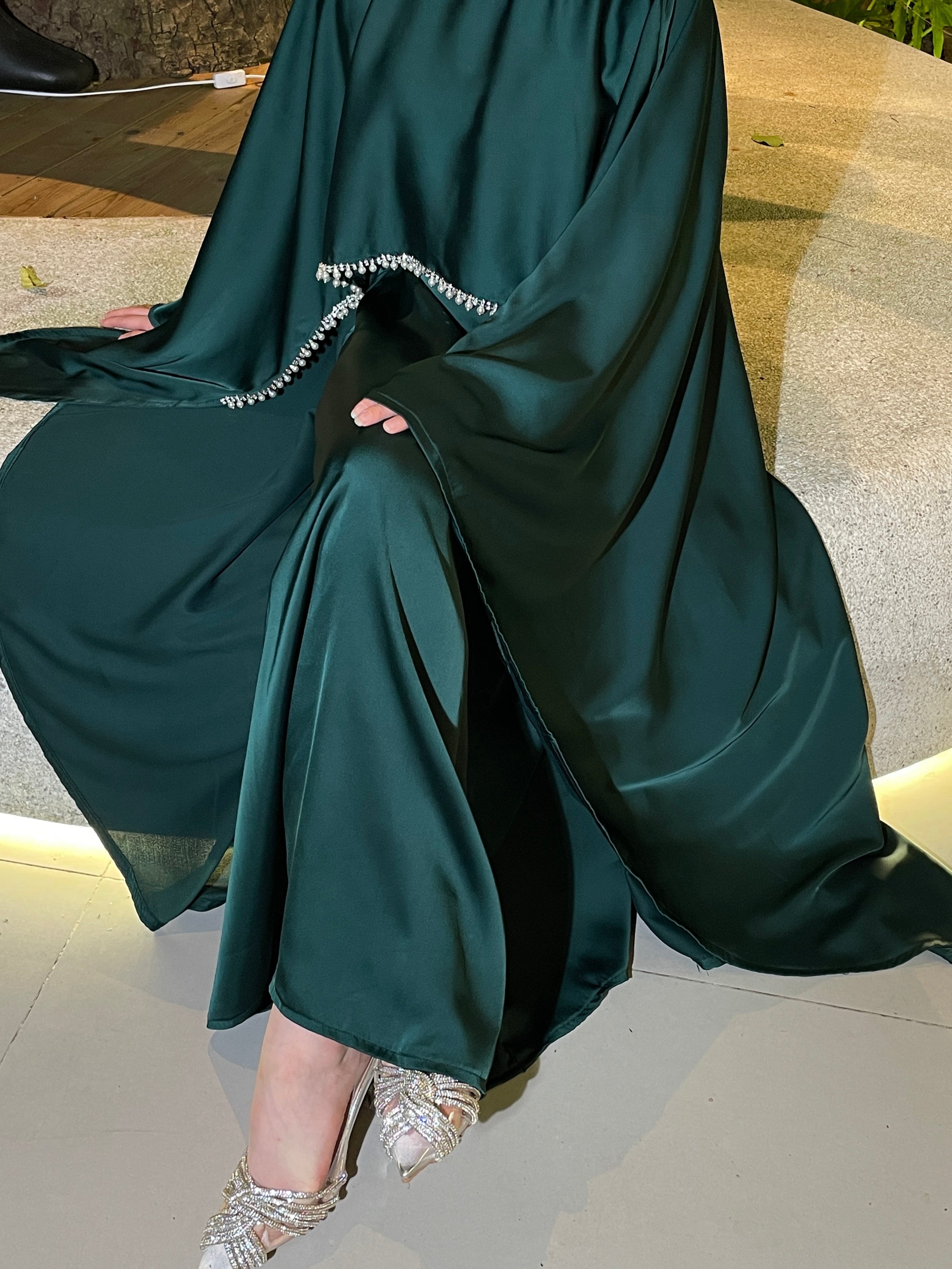 #LY03 Satin cape elegant dress , occasion abaya , Modest dress with pearl and crystal