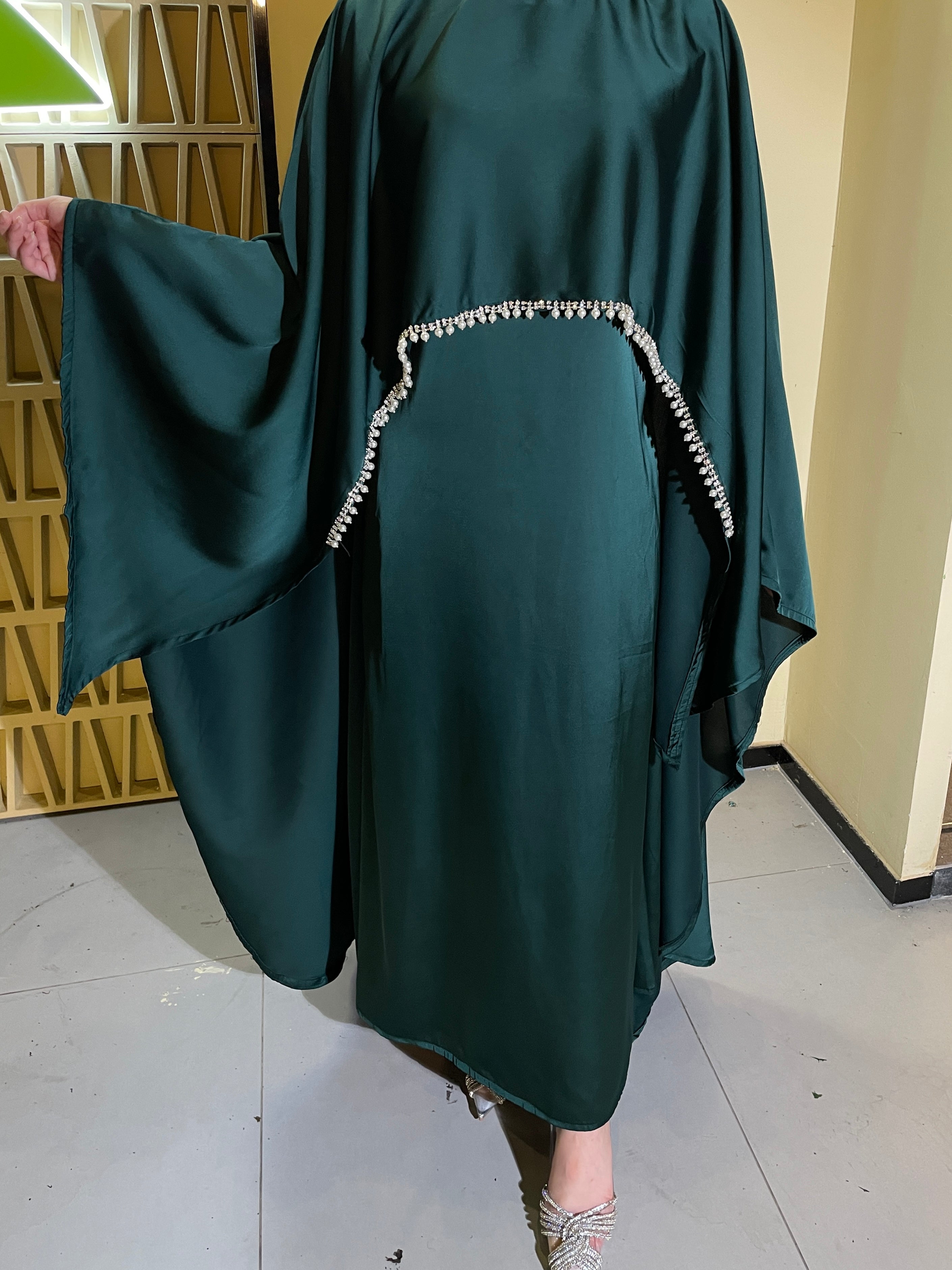 #LY03 Satin cape elegant dress , occasion abaya , Modest dress with pearl and crystal