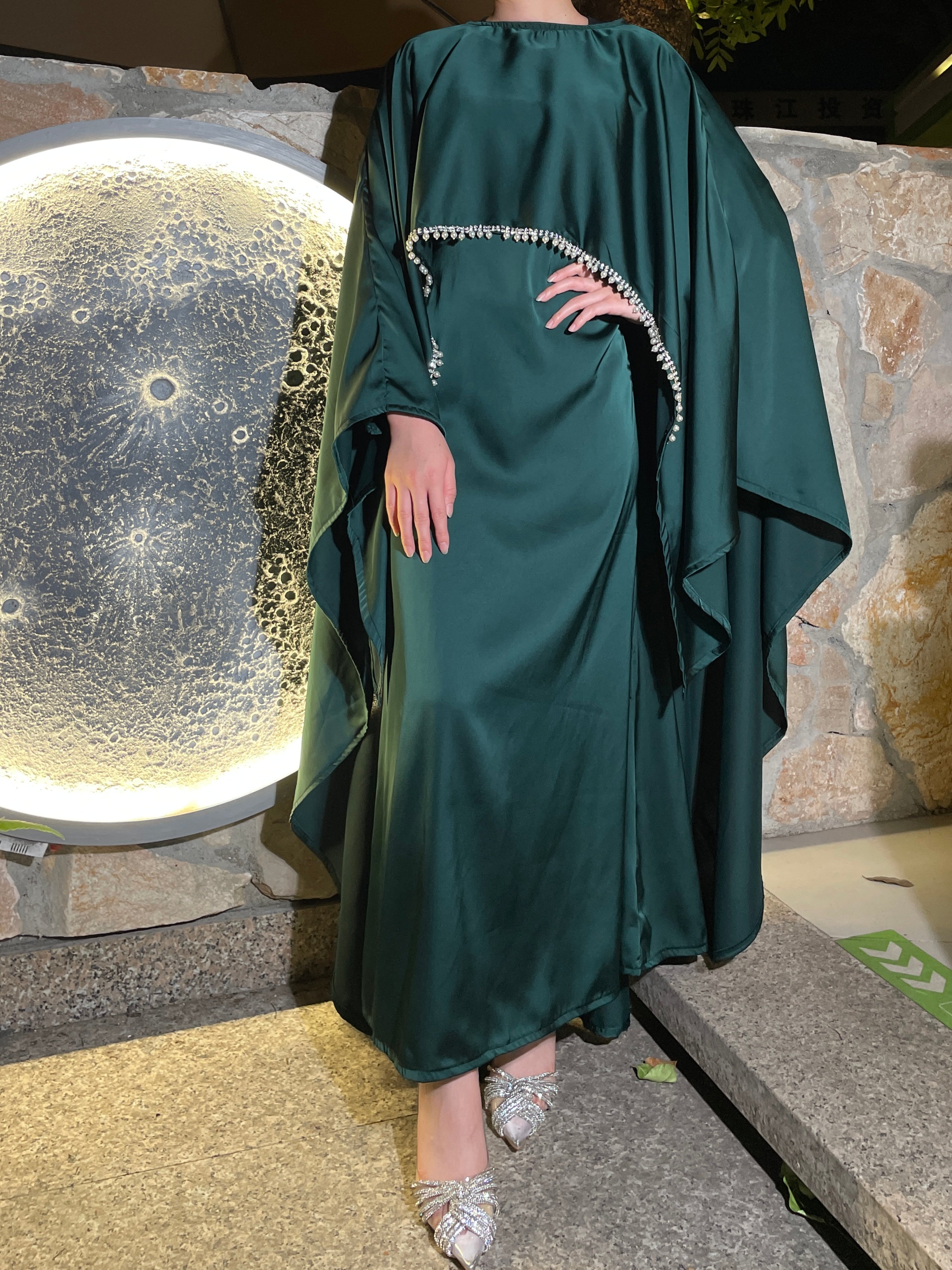 #LY03 Satin cape elegant dress , occasion abaya , Modest dress with pearl and crystal