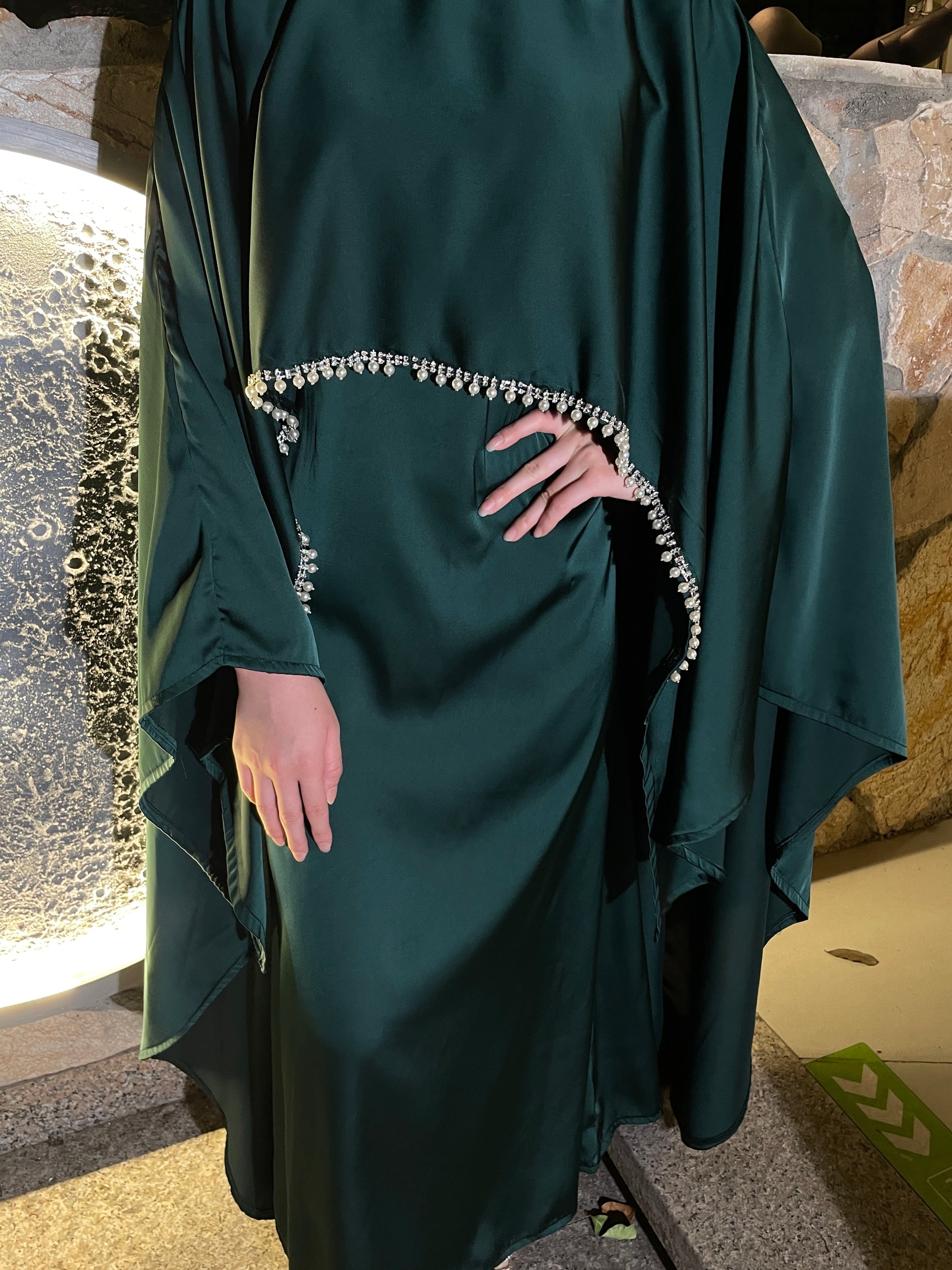 #LY03 Satin cape elegant dress , occasion abaya , Modest dress with pearl and crystal