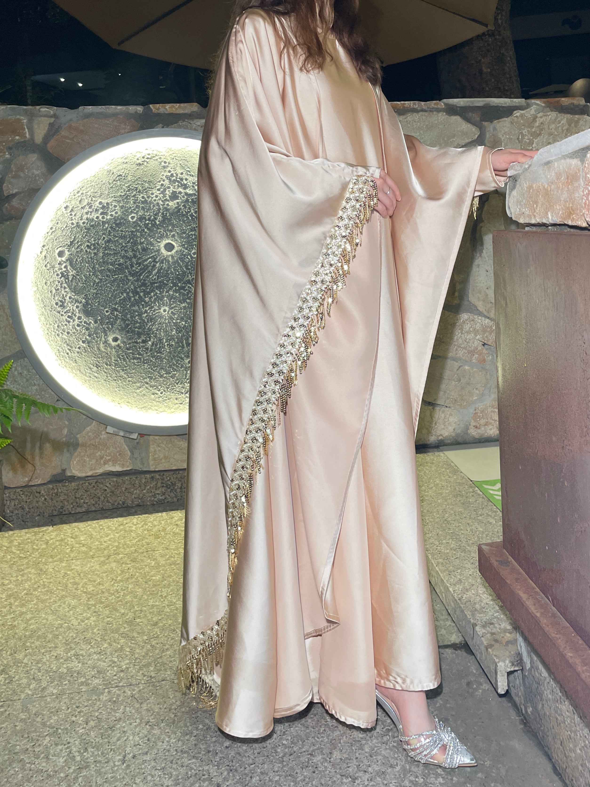 #LY04 Butterfly satin tassel abaya set, two pieces with inner dress