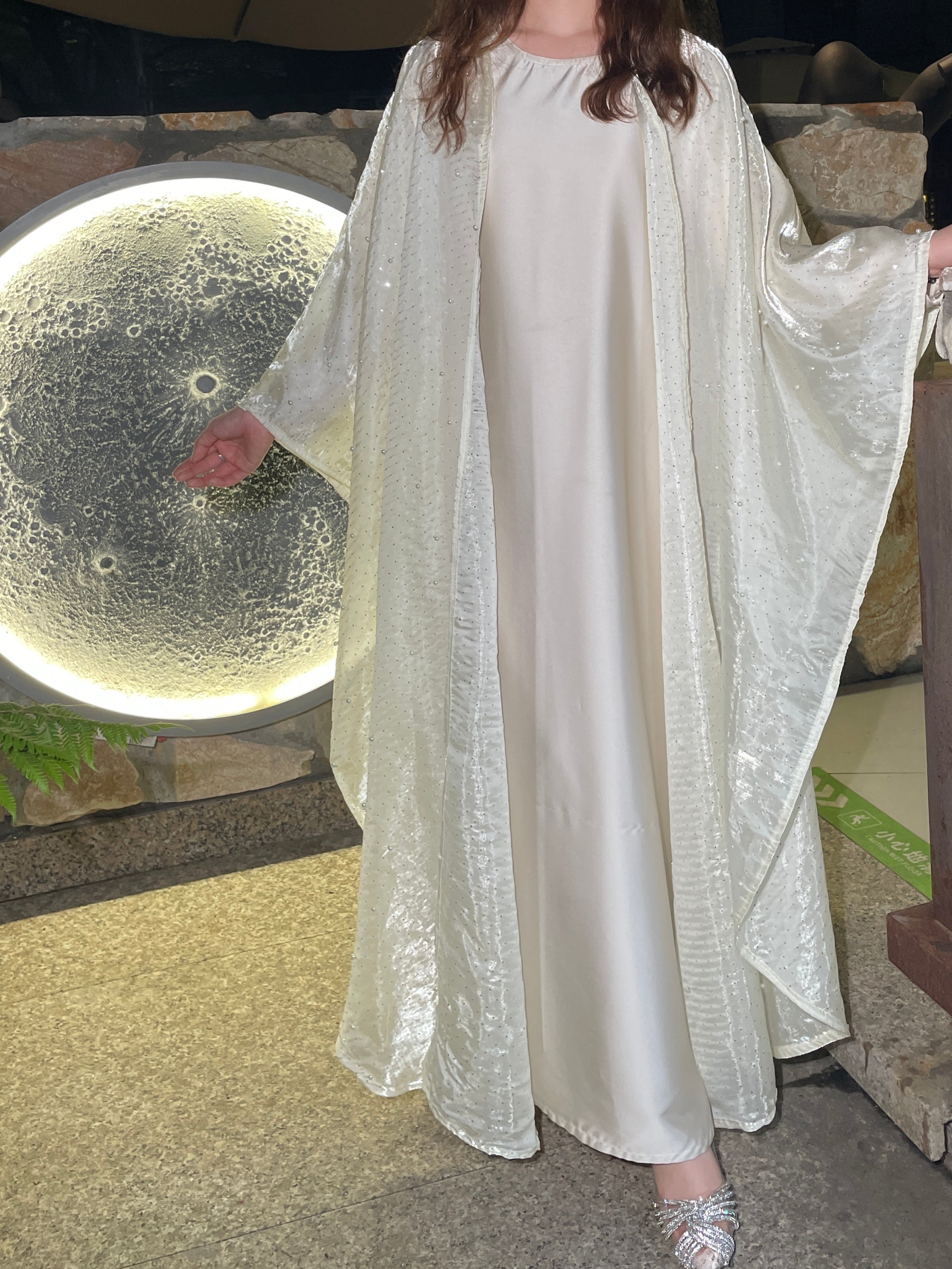 #LY02 Shiny pearl organza abaya, two pieces set with satin inner dress