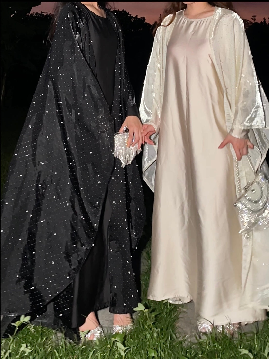 #LY02 Shiny pearl organza abaya, two pieces set with satin inner dress