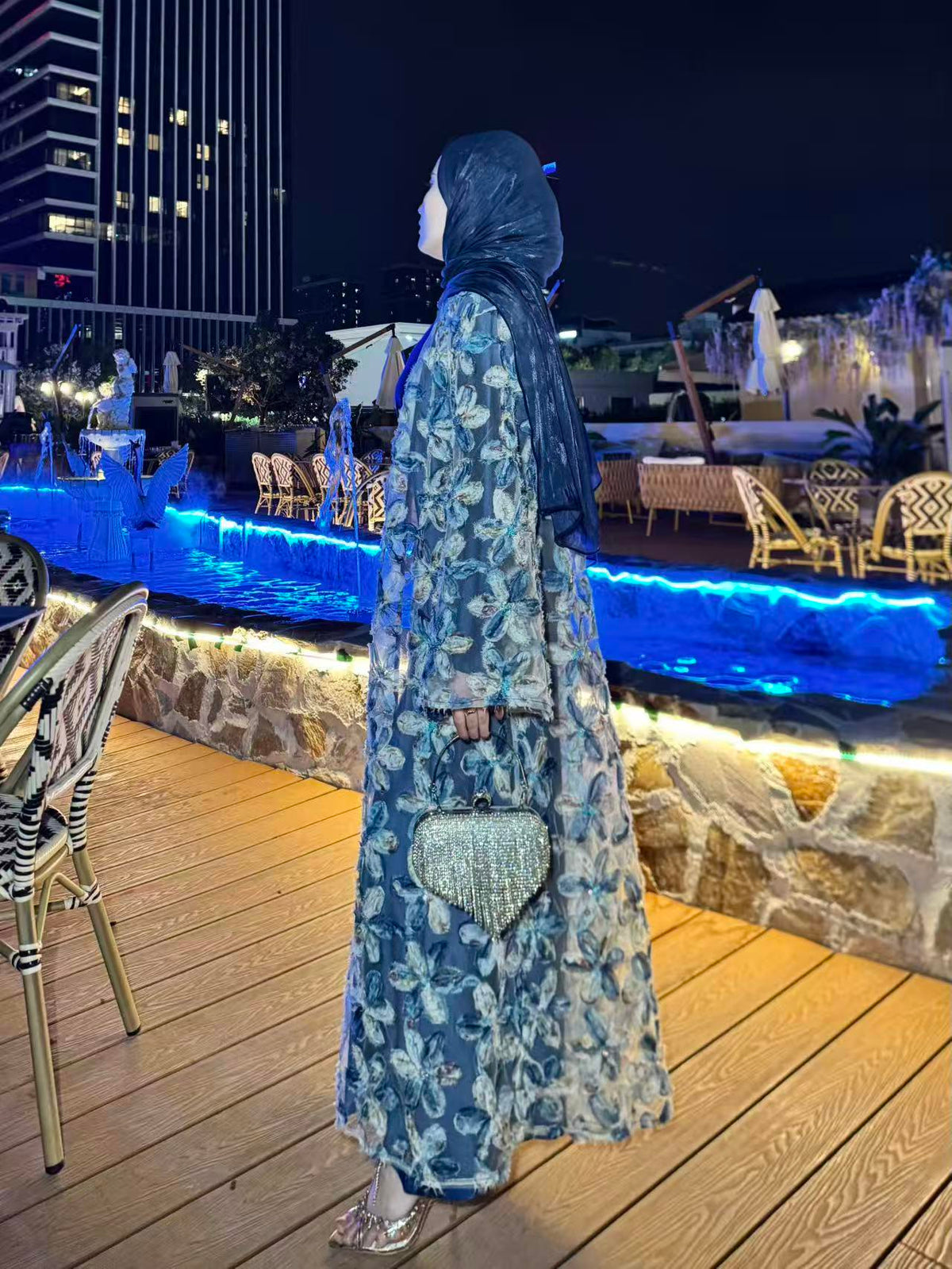LY26 3D Embroidered Tulle Floral Abaya Set Kimono & Slip Dress Set Premium 3D Floral & Sequin Abaya Two-Piece Set
