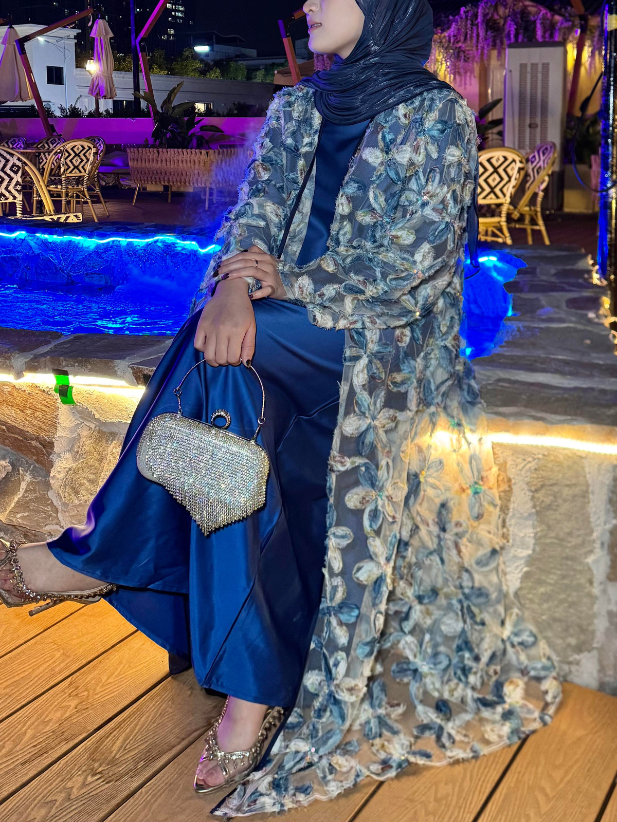 LY26 3D Embroidered Tulle Floral Abaya Set Kimono & Slip Dress Set Premium 3D Floral & Sequin Abaya Two-Piece Set
