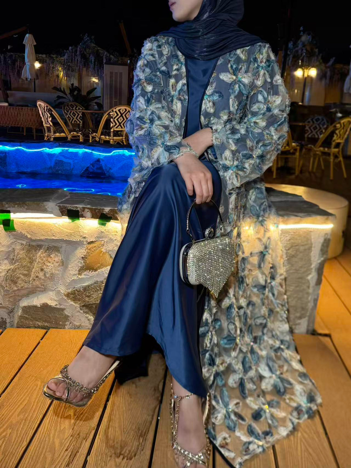 LY26 3D Embroidered Tulle Floral Abaya Set Kimono & Slip Dress Set Premium 3D Floral & Sequin Abaya Two-Piece Set