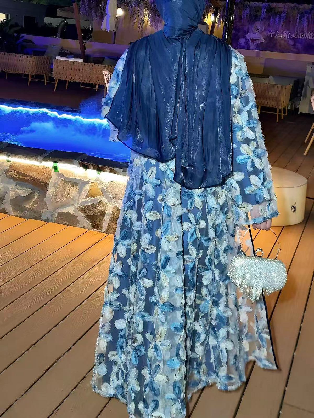 LY26 3D Embroidered Tulle Floral Abaya Set Kimono & Slip Dress Set Premium 3D Floral & Sequin Abaya Two-Piece Set
