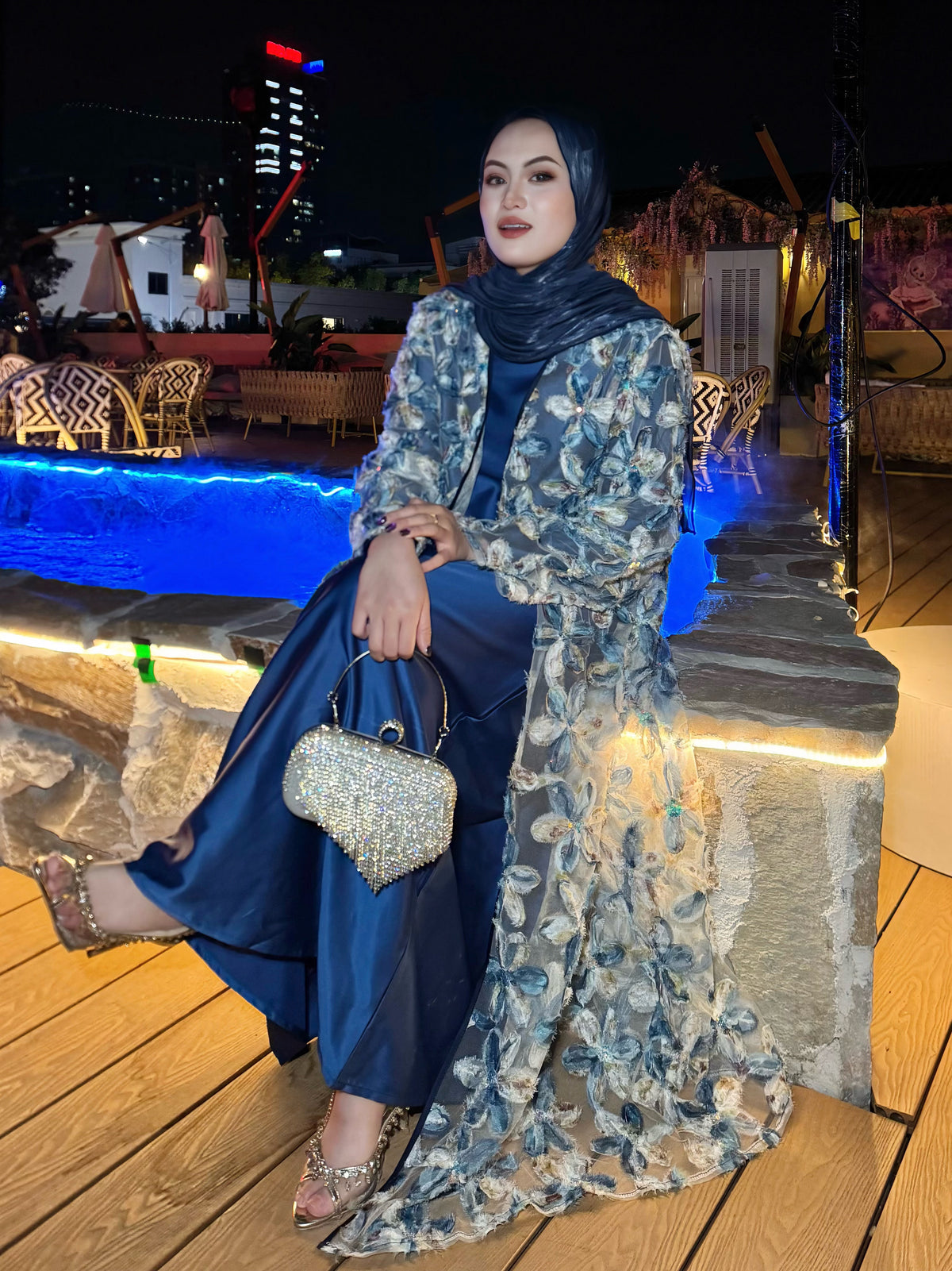 LY26 3D Embroidered Tulle Floral Abaya Set Kimono & Slip Dress Set Premium 3D Floral & Sequin Abaya Two-Piece Set