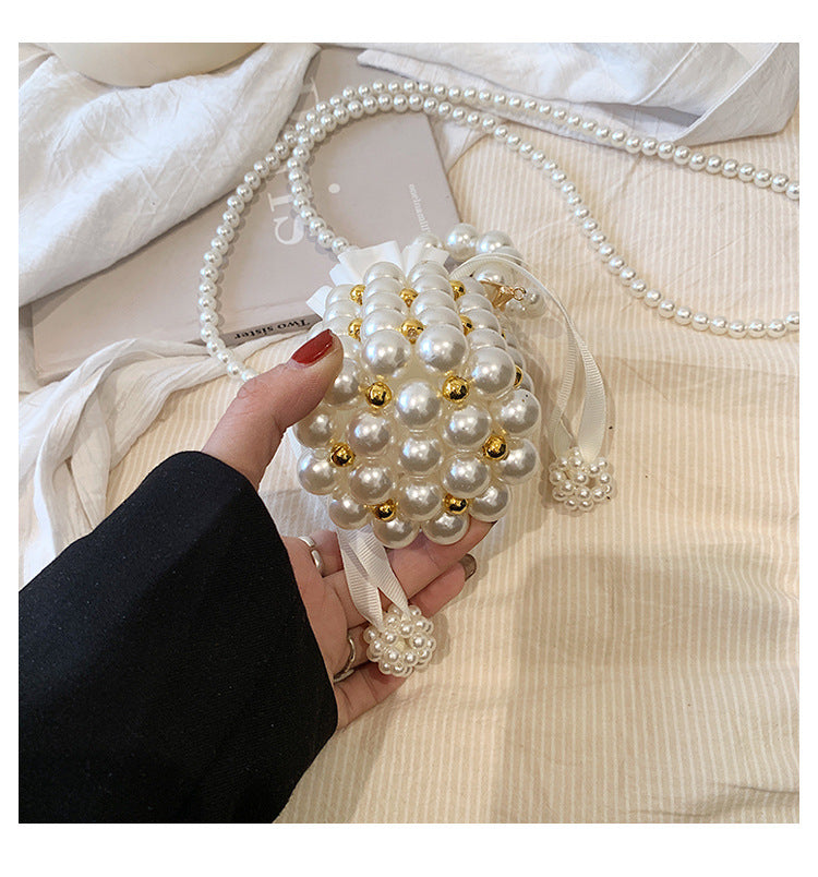 #LY12 Cutest pearl bag hang bag hand knitting,French Fairy Beaded Lipstick Bag Mini Sweet Shoulder crossbody Bag Finished Handwoven Pearl Bag