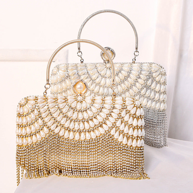 #LY15 Pearl and diomand hand bag Dinner bag New fringe with dress tote Flash diamond clutch bag