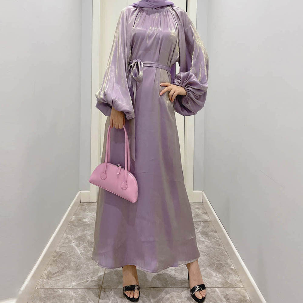 #LY40Long silk skirt with large lantern sleeves and stand-up collar with tie back dress