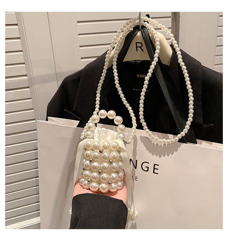 #LY12 Cutest pearl bag hang bag hand knitting,French Fairy Beaded Lipstick Bag Mini Sweet Shoulder crossbody Bag Finished Handwoven Pearl Bag