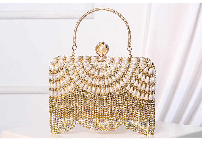 #LY15 Pearl and diomand hand bag Dinner bag New fringe with dress tote Flash diamond clutch bag