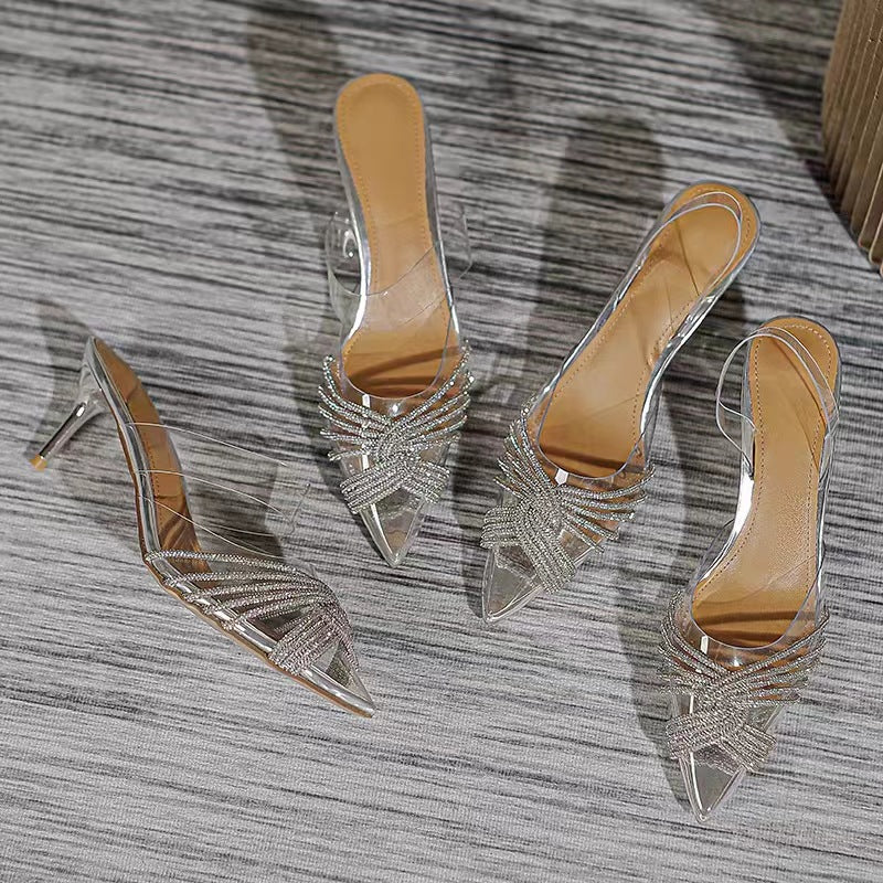 #LY50“New Transparent Cross-Strap Sparkling Rhinestone Pointed-Toe Stiletto High Heel Sandals”