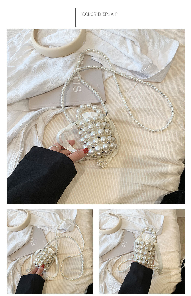 #LY12 Cutest pearl bag hang bag hand knitting,French Fairy Beaded Lipstick Bag Mini Sweet Shoulder crossbody Bag Finished Handwoven Pearl Bag