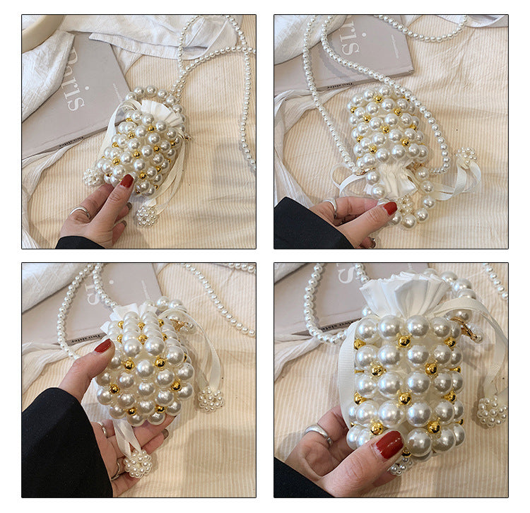 #LY12 Cutest pearl bag hang bag hand knitting,French Fairy Beaded Lipstick Bag Mini Sweet Shoulder crossbody Bag Finished Handwoven Pearl Bag