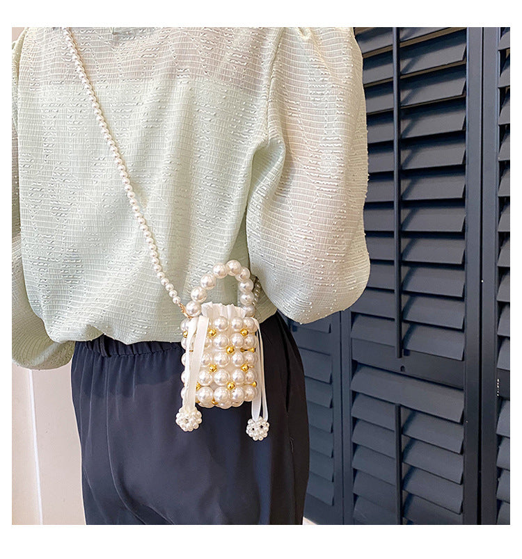 #LY12 Cutest pearl bag hang bag hand knitting,French Fairy Beaded Lipstick Bag Mini Sweet Shoulder crossbody Bag Finished Handwoven Pearl Bag