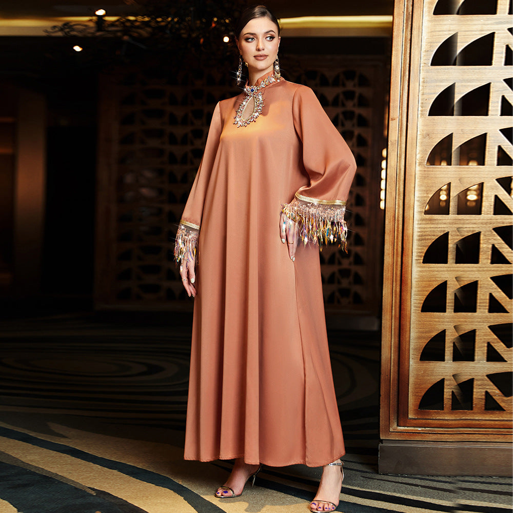 #LY35New magic laser gradual tassel abaya long dress neckline hollow seam