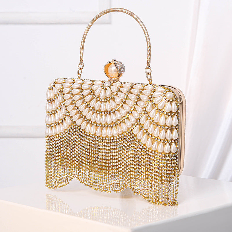 #LY15 Pearl and diomand hand bag Dinner bag New fringe with dress tote Flash diamond clutch bag