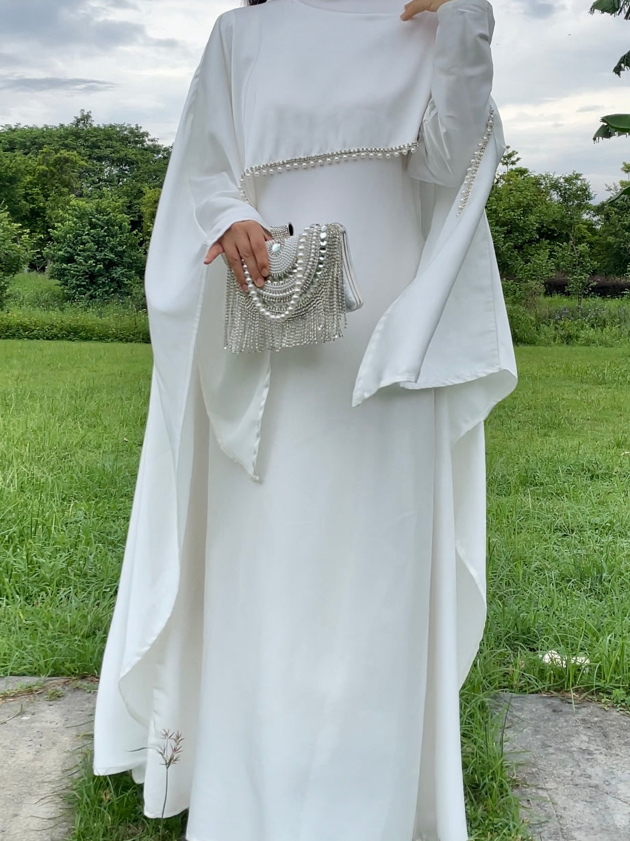 #LY03 Satin cape elegant dress , occasion abaya , Modest dress with pearl and crystal