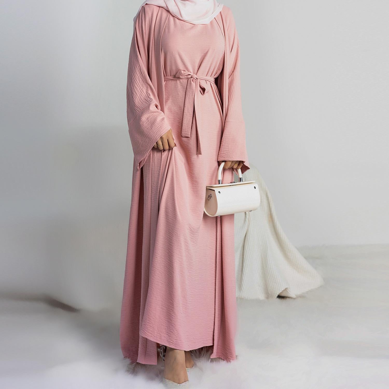 #LY45[Ramadan promotion] Latest model Two pieces crepe abaya come with belt muslim long dress, inner slip and open abaya