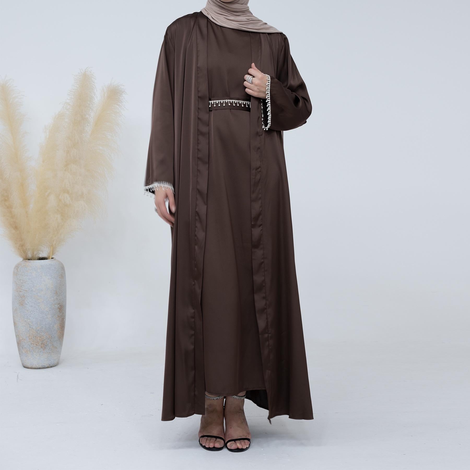 #LY28 Satin Abaya Outfit with Diamond Belt , Silky abaya ,Elegant Abaya Maxi dress Muslim long dress