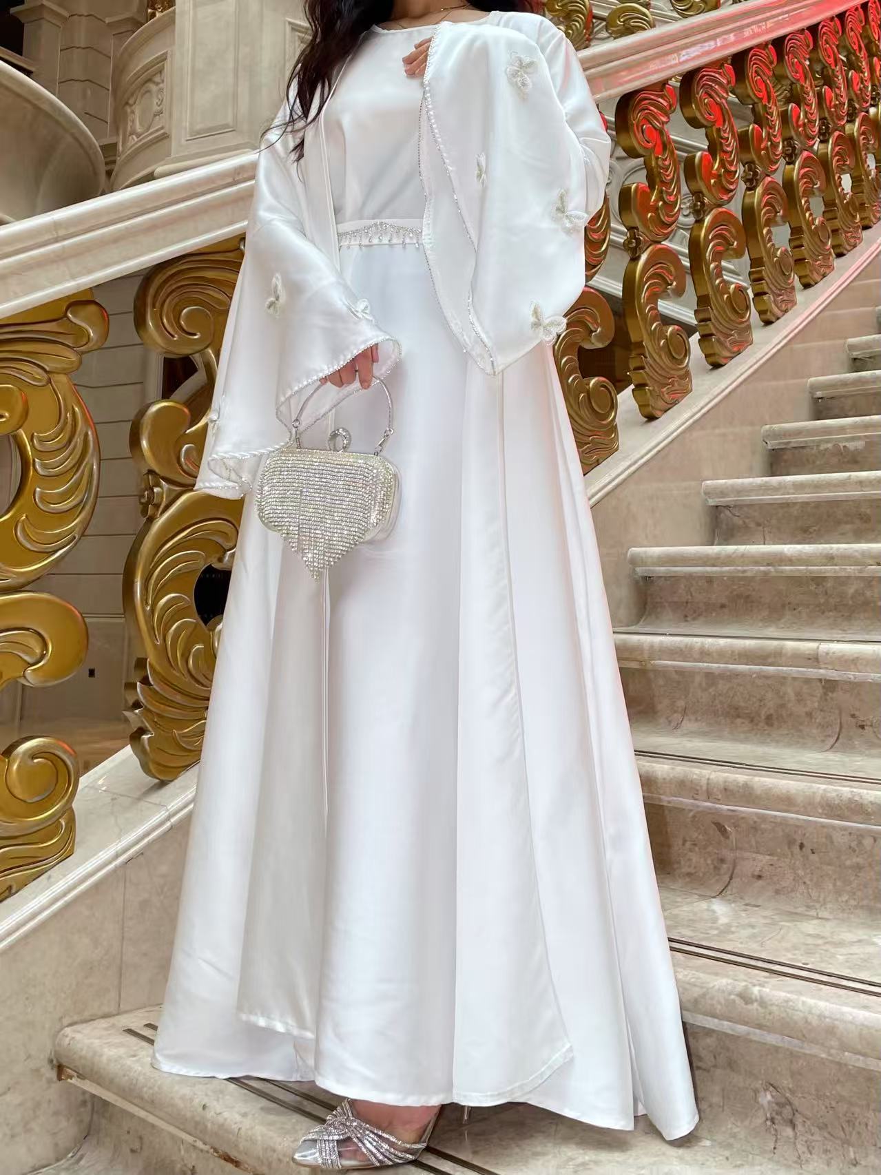 #LY13 2025 Ramadan promotion women's islamic clothing, flare sleeves abaya elegant occasion abaya eid abaya three pieces abaya with a diamond belt