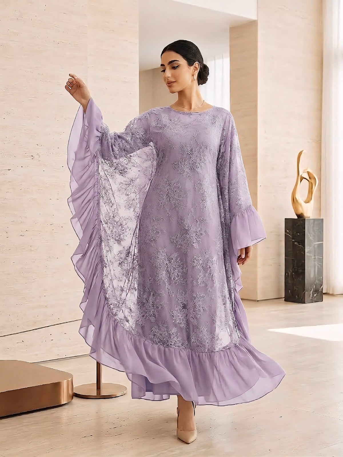 LY38 Two‑Piece Batwing Sleeve Sequin Lace Abaya Dress With Matching Chiffon Hijab, Elegant Modest Maxi Gown For Wedding Party Ramadan