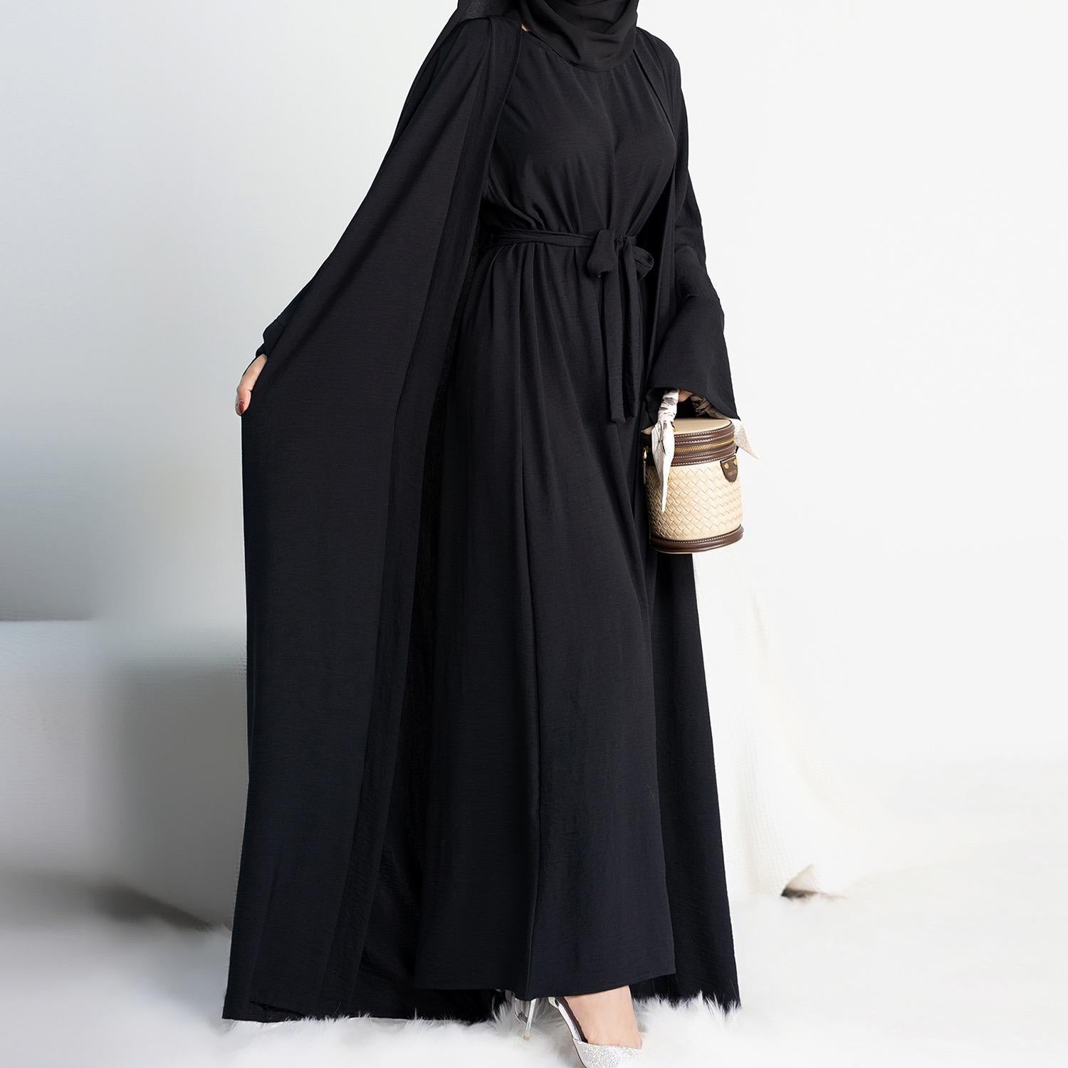 #LY45[Ramadan promotion] Latest model Two pieces crepe abaya come with belt muslim long dress, inner slip and open abaya