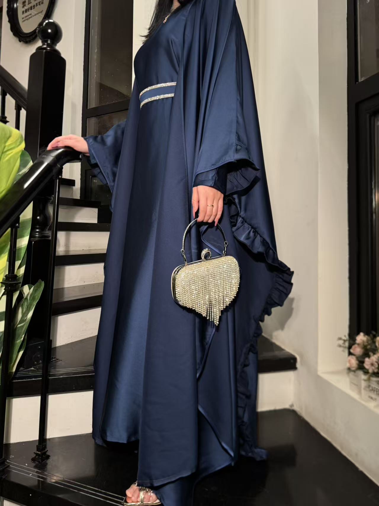 LY16 Two piece butterfly abaya , satin elegant abaya set, Eid abaya ,occasion dress , womwen's islamic long dress