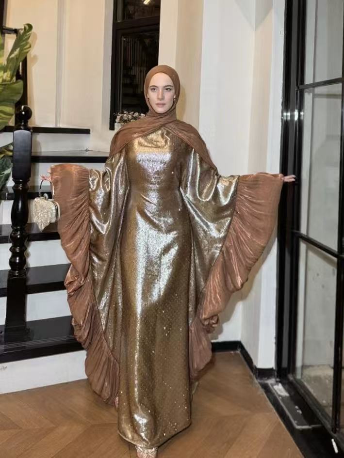 LY19 Two-piece sparkling satin caftan abaya , butterfly glitter abaya with hijab