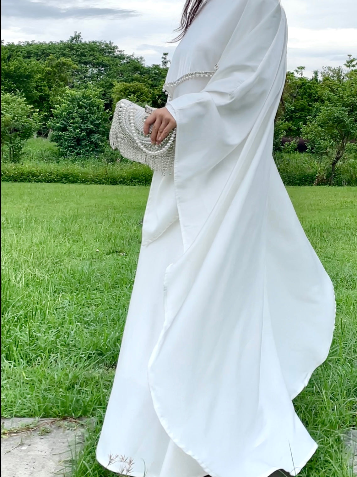 #LY03 Satin cape elegant dress , occasion abaya , Modest dress with pearl and crystal