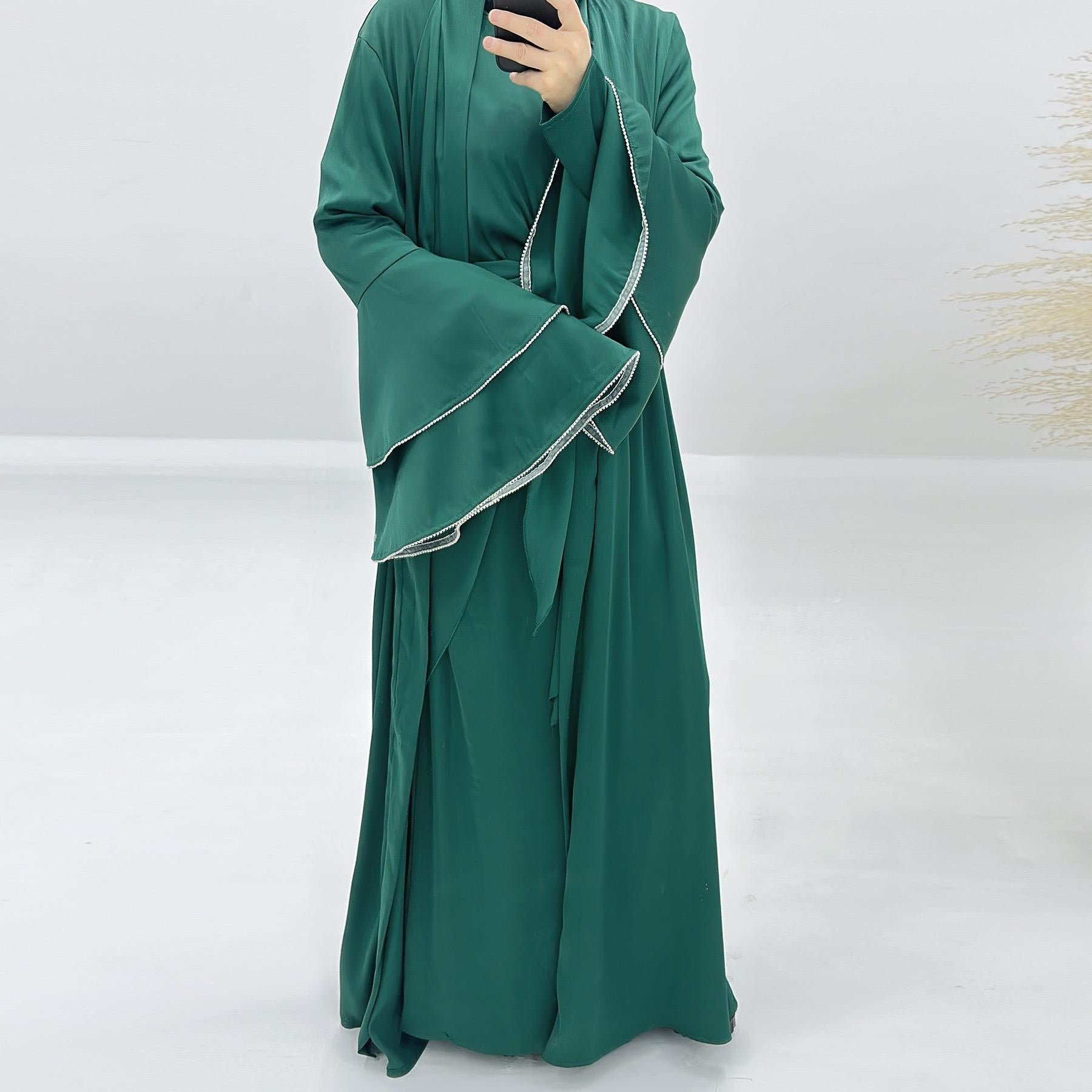 #LY23 Crystal layer sleeves abaya outfit, Three pieces set ,Satin elegant abaya, Eid abaya maxi dress muslim dress